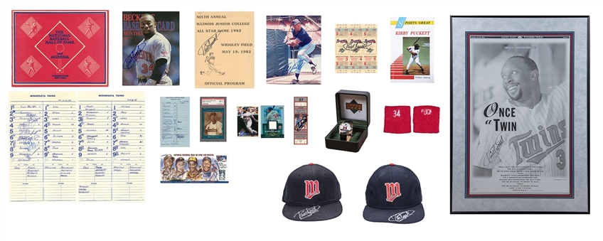 Lot of (19) Minnesota Twins Kirby Puckett Memorabilia Including Game Used Caps, Trading Cards, Signed Lineup Cards & Magazines (J.T. Sports & JSA Auction Letter)